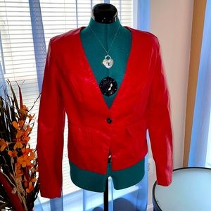 Black Rivet | Women’s Collarless V-Neck Red Faux Leather Jacket